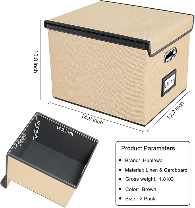 Huolewa File Organizer Box with Lid, Collapsible File Folder Organizer for Office Document Storage, Filing Box with Plastic Slide for Letter/Legal Size Hanging Files, Brown, 2 Pack