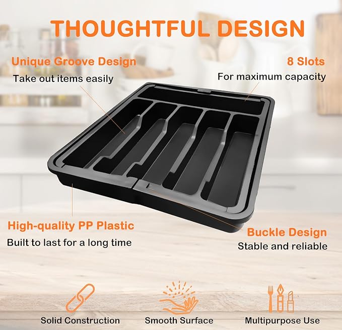 Silverware Drawer Organizer - Expandable Deep Utensil Organizer for Kitchen Drawers(Black)