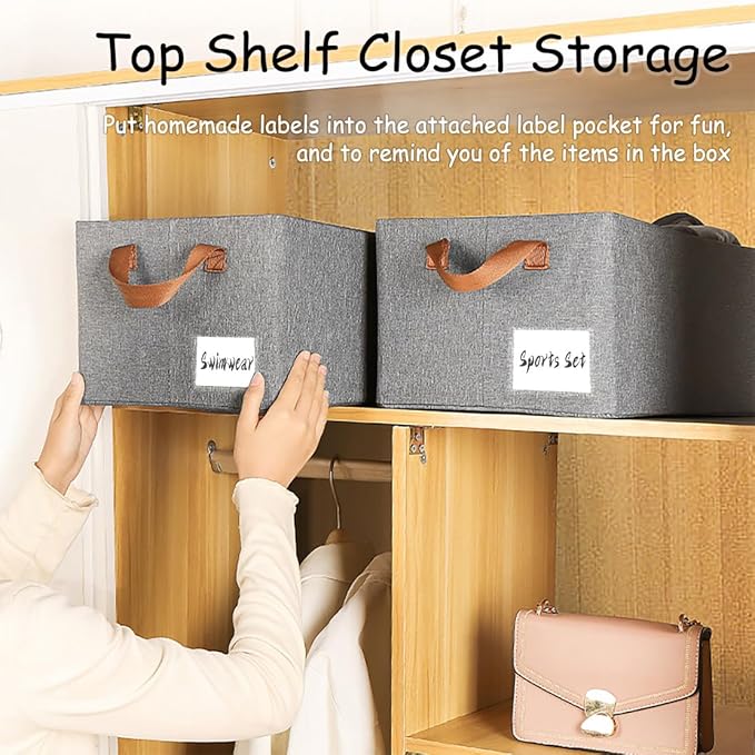 AARAINBOW 4 Pcs Closet Clothes Organizer Bins, Closet Fabric Storage Box with Steel Frame Stackable Shelf Storage Baskets, Fabric Storage Baskets Foldable Closet Shelf Storage Containers, 23L (4 Gray)