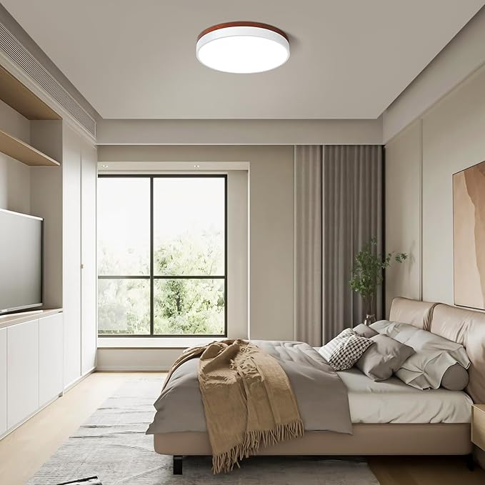 LED Dimmable Flush Mount Ceiling Light Fixture, White and Wood, 5CCT in One, Minimalist Round Ceiling Lamp, Modern Lighting for Kitchen, Bedroom, Hallway, Living Room, 15.7 Inch