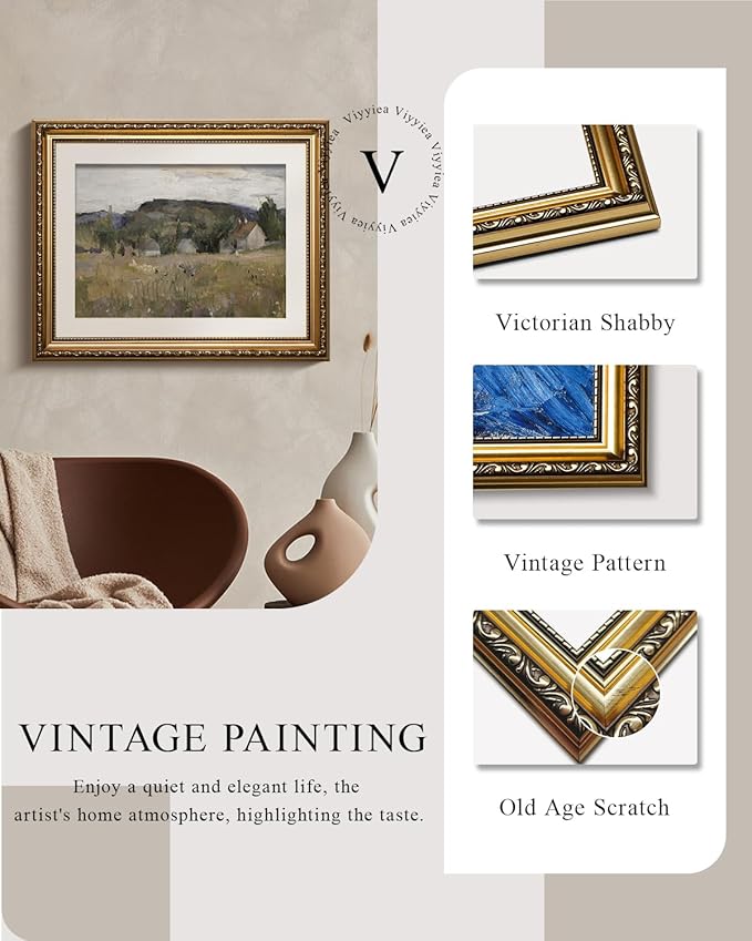 VIYYIEA Gold Framed Wall Art Canvas Print Home Decor Vintage Landscape Art Prints Wall Decor Abstract Serene Countryside Scene Wall Prints Mid Century Modern Decor for Living Room Bedroom 13x16in