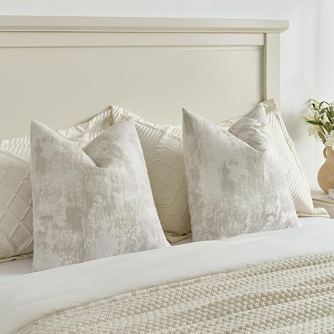 FUTEI Beige White Decorative Throw Pillow Covers 20x20 Inch Set of 2,Soft Faux Cashmere Jacquard - Textured & Cozy Cushion Case,Modern Home Decor for Couch Bed Living Room