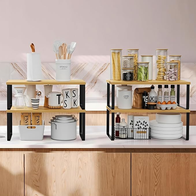 2 Pack Cabinet Organizer Shelves, Stackable and Expandable Kitchen Counter Shelf, for Kitchen Cabinet Countertop Storage, Spice Rack, Metal and Premium Bamboo (White, 15.6" W)