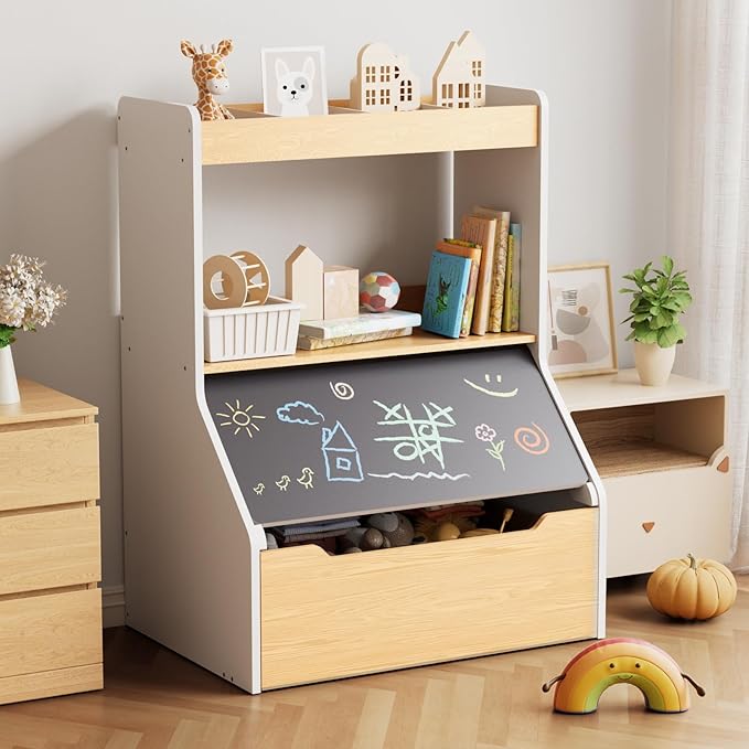 KORIMEFA 37.4" Tall Toy Box & Chalkboard Lid Wood Toddler Bookcase and Kid Toy Storage Bin & Organizer, White