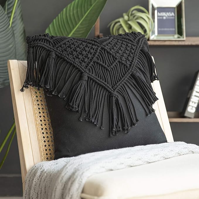 Phantoscope 100% Cotton Handmade Crochet Woven Boho Throw Pillow Farmhouse Pillow Insert Included Decorative Cushion for Couch Sofa Black 18 x 18 inches