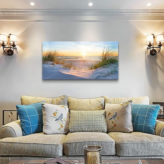 MHARTK66 Wall Decor For Living Room Large Canvas Wall Art For Bedroom Modern Office Pictures Wall Artwork Blue Sun Beach Grass Ocean Landscape Paintings Canvas Art Prints Home Decorations
