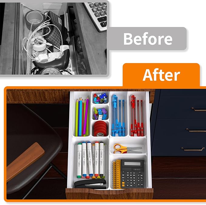 7 Pcs Plastic Drawer Organizer Set,4 Size Small Storage Containers for Organizing Jewelry,Utensil,Junk,Tea,Makeup,Shallow Drawer Organizers Tray Suitable for Office,Desk,Bathroom,Vanity,Kitchen,White