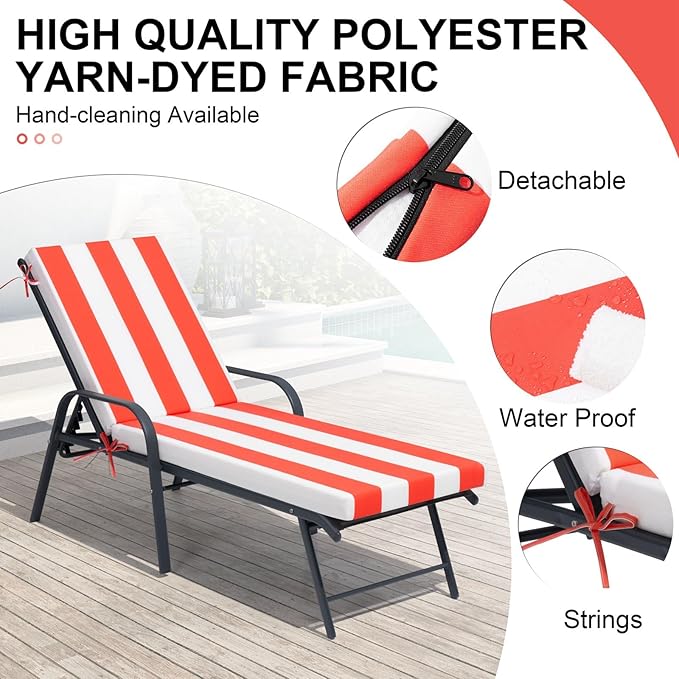 Crestlive Products Chaise Lounge Cushions Set of 2, Outdoor Cushions for Patio Furniture, Water Resistant Lounge Chair Cushion for Pool, Deck, Lawn, 72''L x 21''W, Red White Stripe