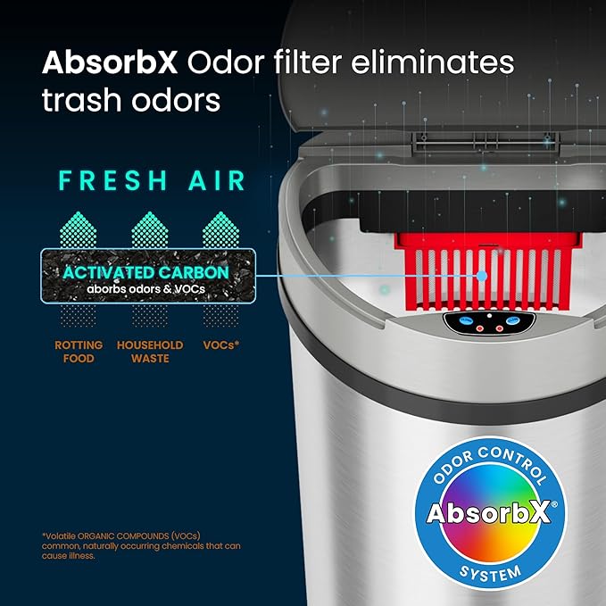 iTouchless 13 Gallon Kitchen Trash Can with Odor Control System, Stainless Steel Extra-Wide Opening Touchless Automatic Garbage Bin, Brshed Silver, Semi Round, Sensor