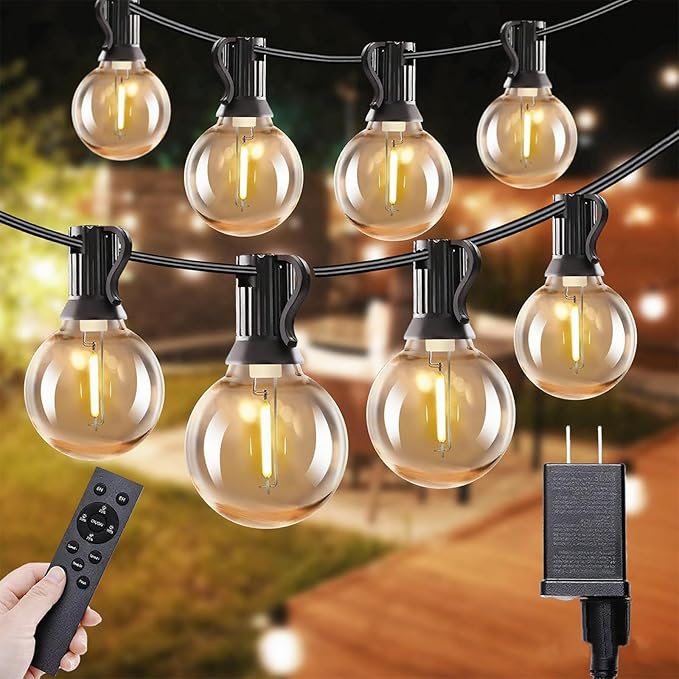 50ft LED String Lights with Remote, 25+1Bulbs Dimmable Patio Lights Outdoor, 24V Waterproof Plug, G40 Hanging Light for Outside Deck Garden Backyard Porch Party Decor