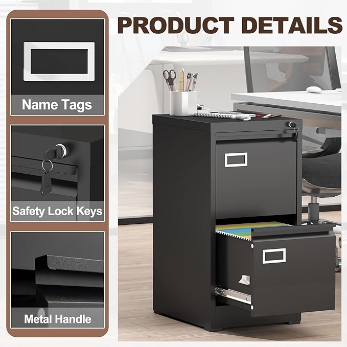 LUCYPAL 2 Drawer File Cabinet with Lock,Metal Filing Cabinets for Home Office,Under Desk Locking Storage Cabinet for Letter/Legal/A4 Files,Assembly Required(Black)