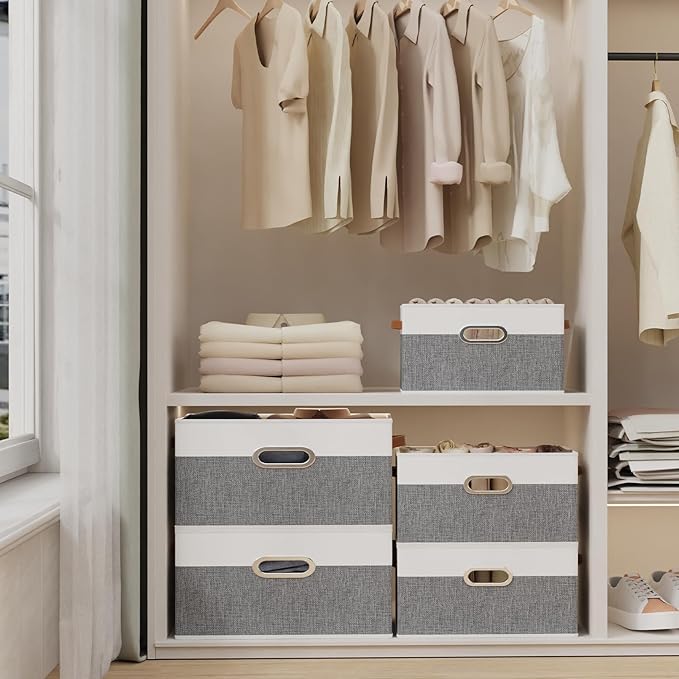 Yawinhe Foldable Storage Baskets for Shelves, Fabric Closet Organizers, Bins with 3 Handles, Cubes for Clothes, White/Grey, 15''Lx9.8''Wx8.3''H, 2-Pack