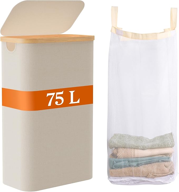 Laundry Basket with Lid, Narrow Laundry Hamper with Removable Bag, Travel Dirty Clothes Basket with Bamboo Handles for Bathroom, Bedroom & Laundry Room, 75L Beige