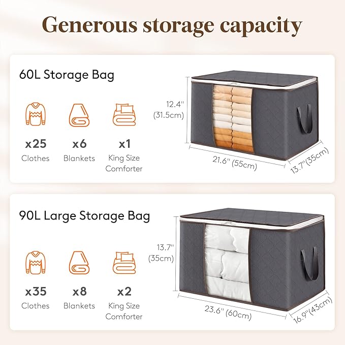 Lifewit 2 Pack Clothes Storage, Foldable Organization Bins with Lids and Clear Window for Blanket, in Closet with Reinforced Handles for Clothing, Bedding, Gray