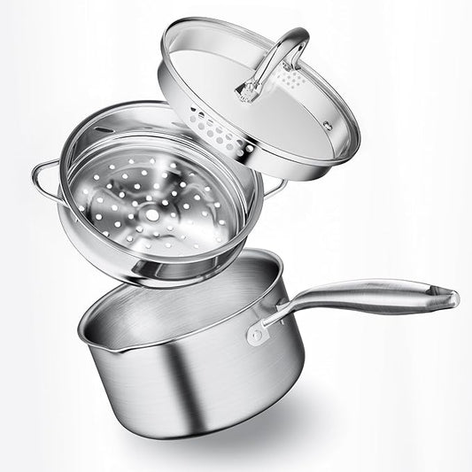 Leetaltree 3.5 Quart Stainless Steel Saucepan with Steamer Basket, Tri-ply Construction, Versatile Sauce Pan with Double-sized Drainage Lid - Perfect for Cooking Gravies, Pasta, Vegetable and More