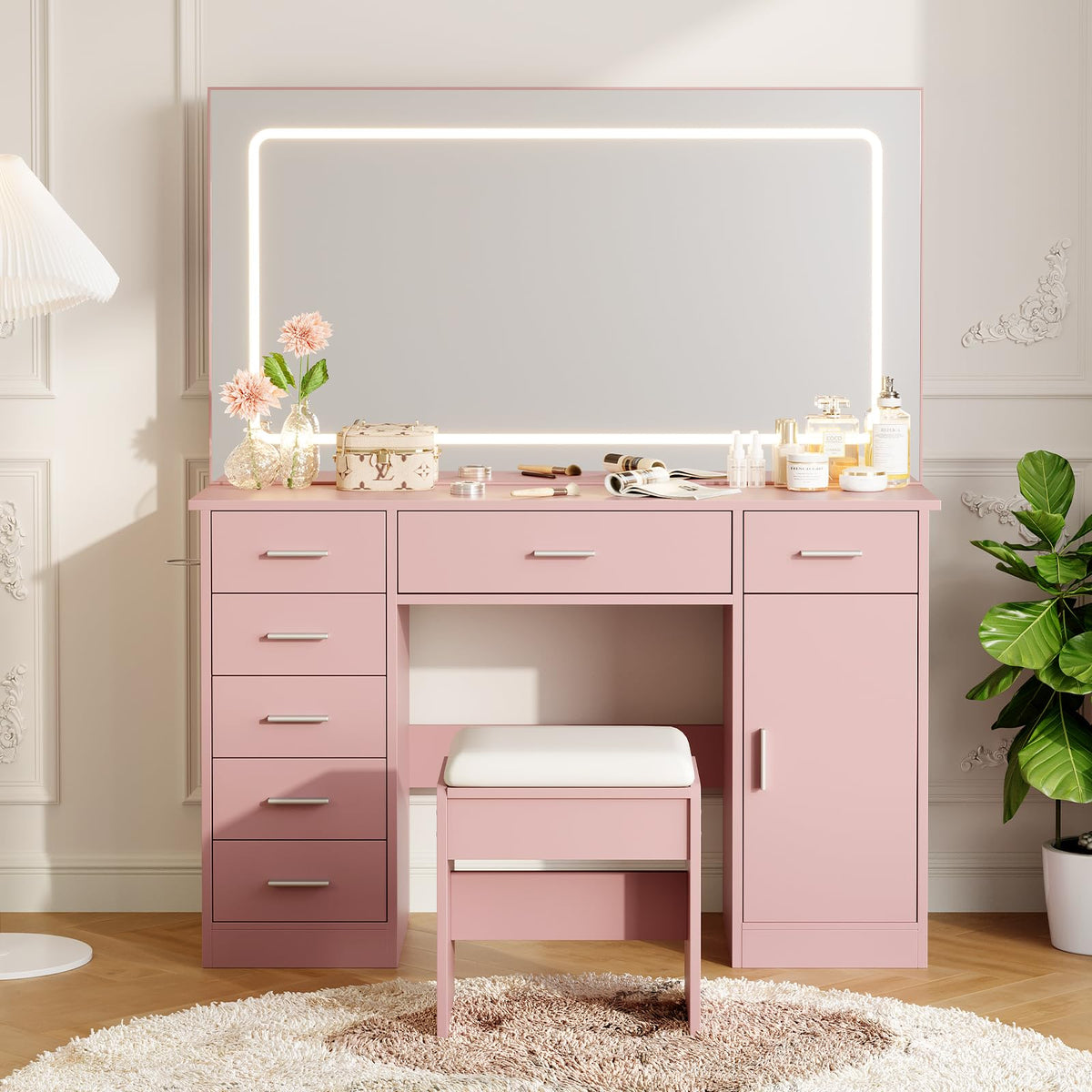 Garvee Modern Vanity Desk with Mirror & LED Lights – 7 Drawers, Pink
