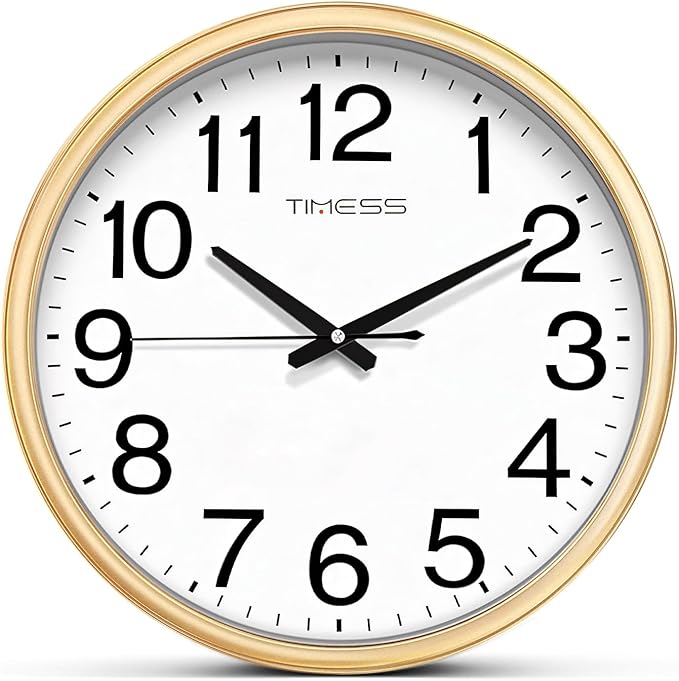 Wall Clock, 13 Inch Large Dial Non-Ticking Silent Battery Operated Quality Analog, Ultra-Quiet Movement Quartz, Timeless Stylish Clock, Ideal Modern Home, Office Décor (Gold)