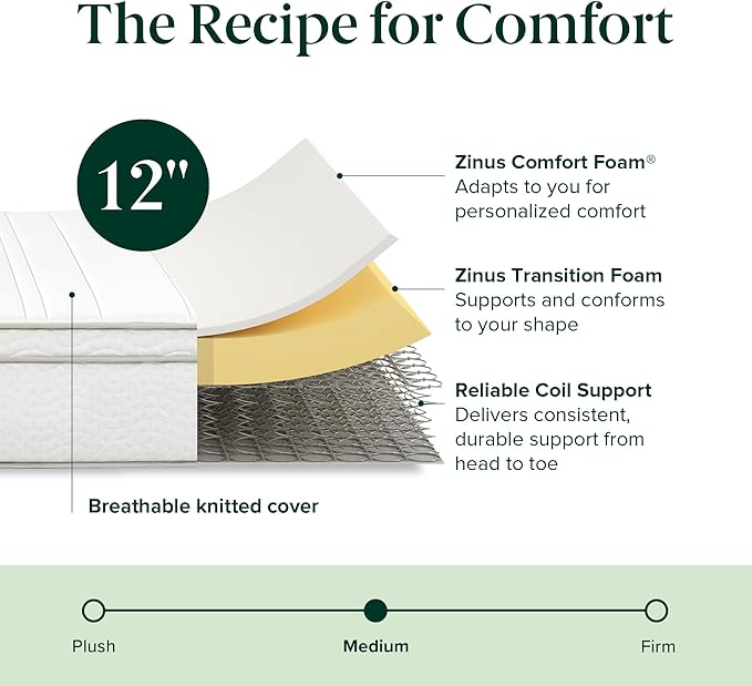ZINUS 12 Inch Foam and Spring Hybrid Mattress [New Version], King, Fiberglass Free, Medium Firmness, Durable Support, Certified Safe Foams & Fabric, Mattress in A Box