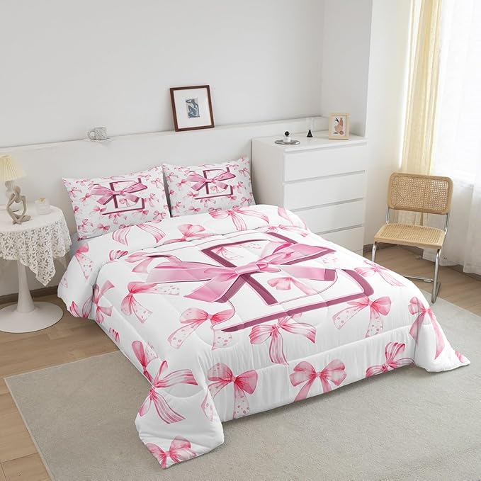 jejeloiu Kids Girls Cute Pink Bow Comforter Set King Size Monogrammed Bedding Set Ultra Soft Personalized Initial E Duvet Quilt Coquette Bow Knot Quilt Set Room Decor Modern Fashion Comforter