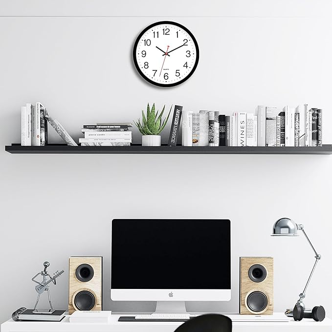 Foxtop Black Wall Clock Silent Non-Ticking 12 Inch Quartz Battery Operated Round Analog Wall Clock for Classroom School Office Living Room Bedroom Home