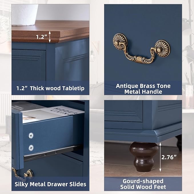 Farmhouse 7 Drawers Dresser for Bedroom, Navy Blue 54 Inch Wide Chest of Drawers w/ 4 Wooden Legs, Large Vintage Rustic Closet Dressers for Living Room, Wood TV Stand with Storage Organizer