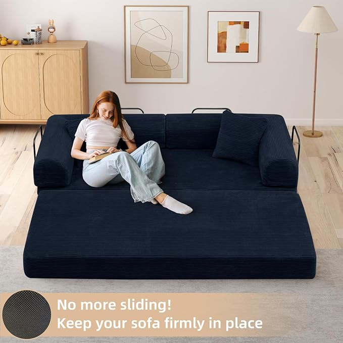 Rovibek 4-in-1 Convertible Sleeper Sofa Bed Queen Size, Foldable Floor Couch Corduroy, Folding Futon Sofa Beds with Pillow and Fixed-Shape Frame, Suitable for Living Room, Bedroom, Lounge, Dark Blue