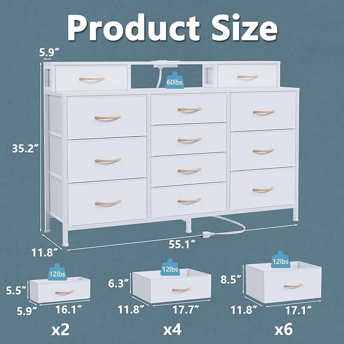 Furnulem White Dresser for Bedroom with LED Lights & Charging Station,55" Long Dressers & Chest of Drawers with 12 Storage Bins, Fabric Furniture for Closet,Hallway,2-Tier Shelf Wood Top,Metal Frame