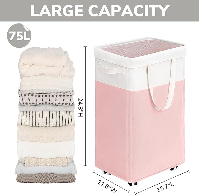Goodpick Laundry Basket with Wheels, 75L Tall Clothes Hamper, Large Laundry Basket with Removable Wash Bag for Corner Dorm, Rolling Hamper, Pink&White