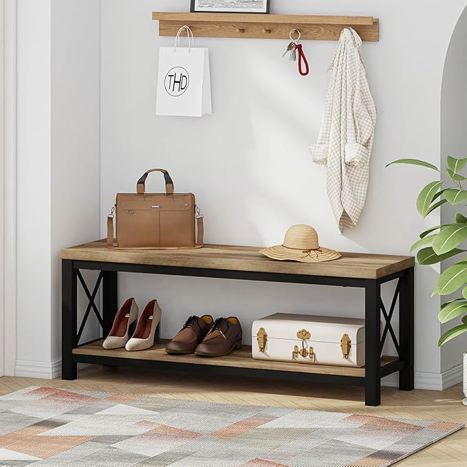 BON AUGURE Entryway Bench, Farmhouse Shoe Benches, Wooden Metal Entry Storage Bench with Shelf for Mudroom, Bedroom, Hall (47 inch Wide, Vintage Oak)