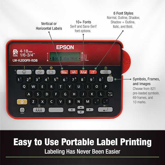 LABELWORKS Epson LW-K200PX-RDB Simple Labeler Bundle - QWERTY Label Makers and Black on Clear Matte Label Tape