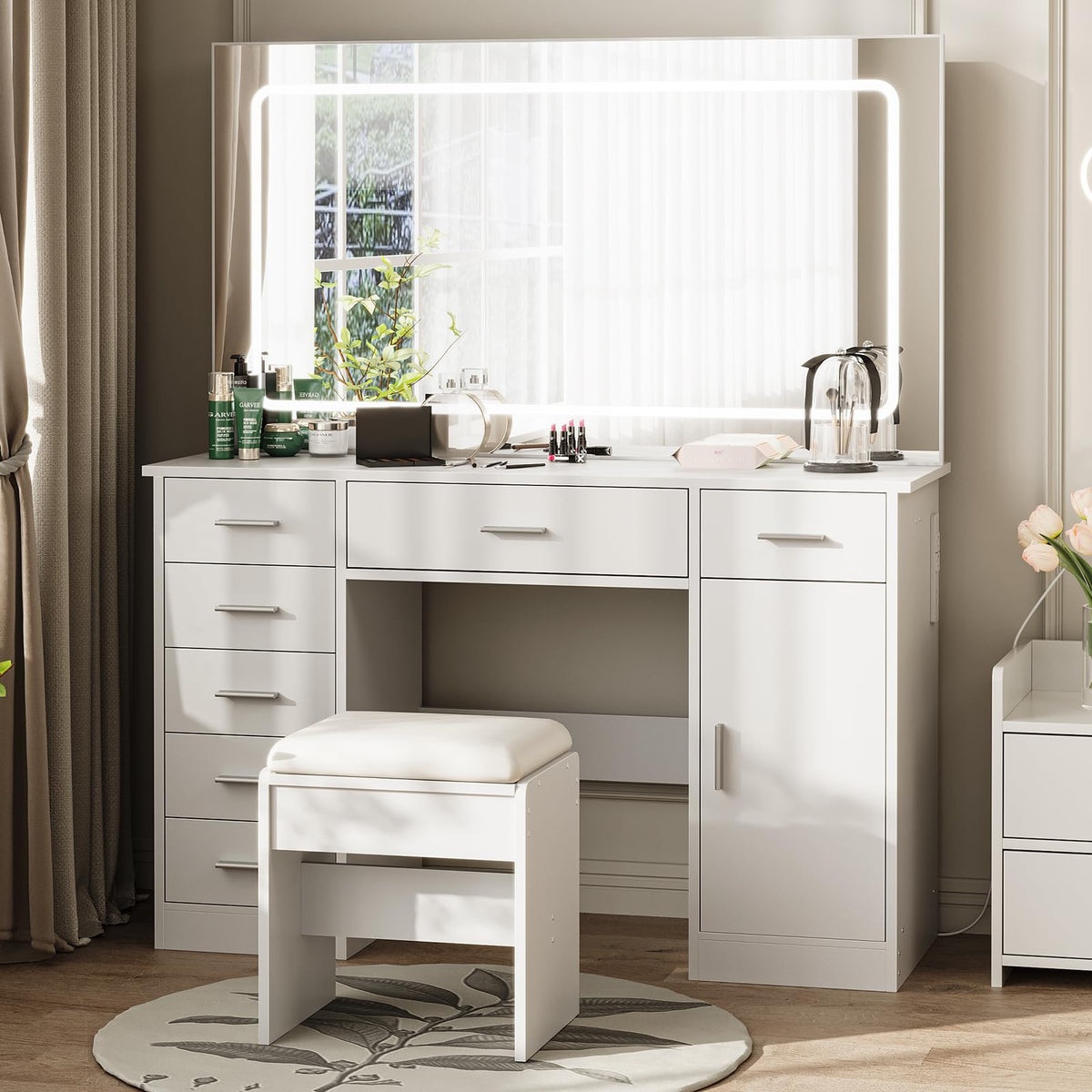 Garvee Modern Vanity Desk with Mirror & LED Lights – 7 Drawers, White