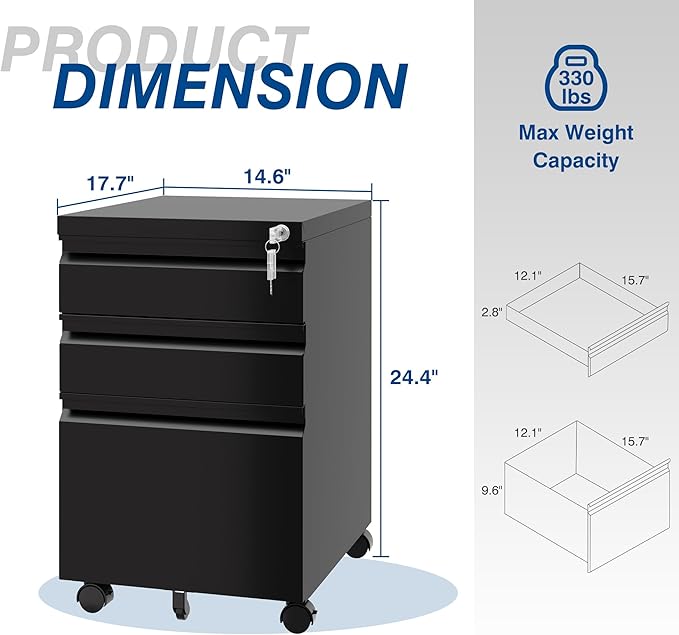3 Drawer Vertical File Cabinet, Black Mobile Filling Cabinet with Lock for Legal/Letter Size, Pre-Built Office Storage File Cabinet with Wheels Under Desk - Fully Assembled