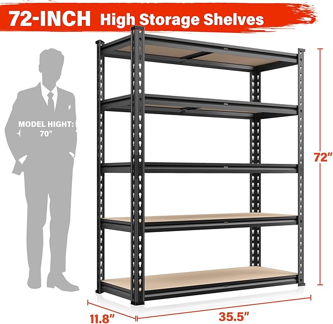 REIBII 72" H Garage Shelving 5 Tier Garage Storage Shelves 2000LBS Metal Storage Shelves Heavy Duty Shelving Storage Shelving Unit for Warehouse Pantry Basement Craft 72''*35.5''*11.8'' 2 Pack
