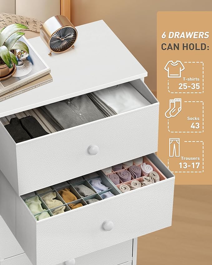 Tall Fabric Dresser for Bedroom, Vertical Storage Organizer Tower with 6 Drawers, Chest of Drawers with Bins, Steel Frame, Wood Top for Bedroom, Closet, Entryway White