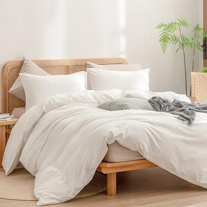 BESTOUCH Duvet Cover Set 100% Washed Cotton Linen Feel Super Soft Comfortable Chic Lightweight 3 PCs Home Bedding Set Solid Off White Oversized Queen