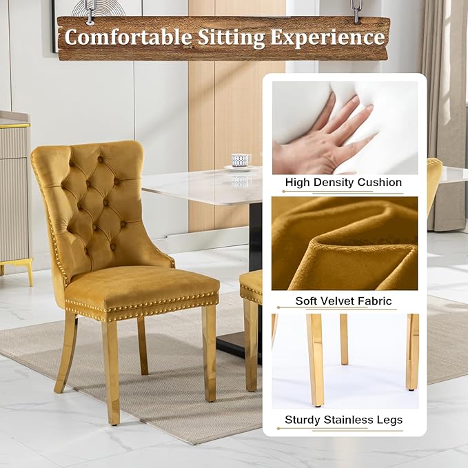 Goujxcy Glass Dining Table Set for 6, Modern Kitchen Table and Chairs Set of 6, 7-Piece Kitchen Dining Room Table Set w/61 Glass Gold Dining Table and 6 Yellow Velvet Upholstered Chairs
