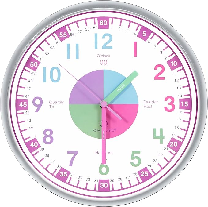 OWLCONIC Telling Time Teaching Clock for Kids - Analog for Bedrooms, Playroom, Homeschool Decor, School Classroom Learning, Educational for Learning to Tell Time