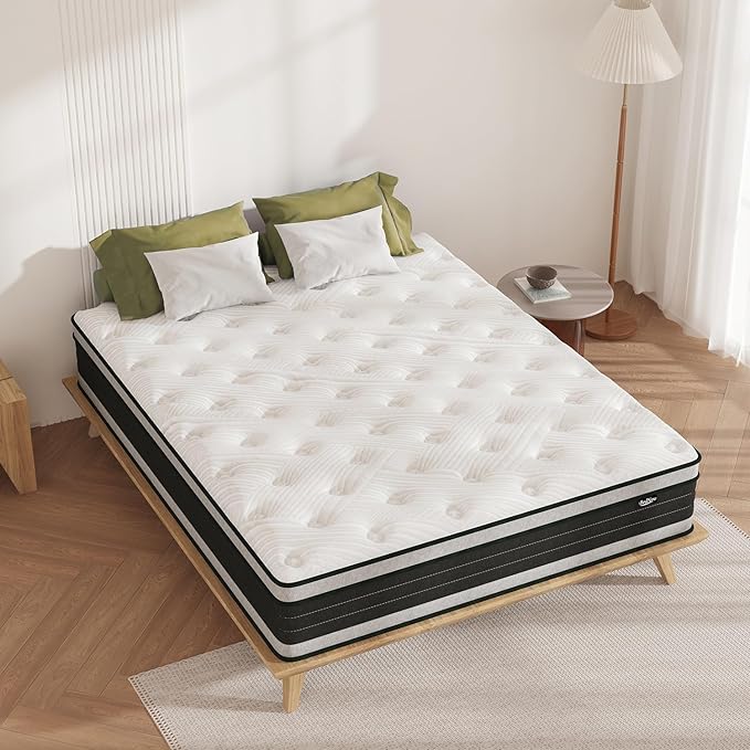 Queen Size Mattress, 12 Inch Hybrid Pillow Top Queen Mattresses in a Box with Gel Memory Foam & Individually Pocket Coils, Medium Firm Mattress for Back Pain, Pressure Relief