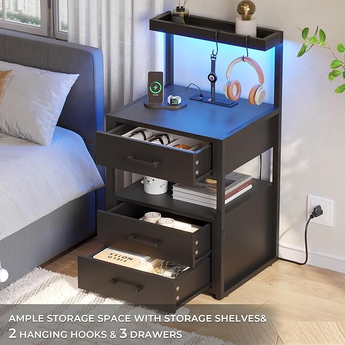 VIAGDO Nightstands Set of 2 with LED Lights, 3 Drawers Night Stands with Charging Station, Black Bedside Tables with Storage Shelves, Modern End Side Tables for Bedroom, Office