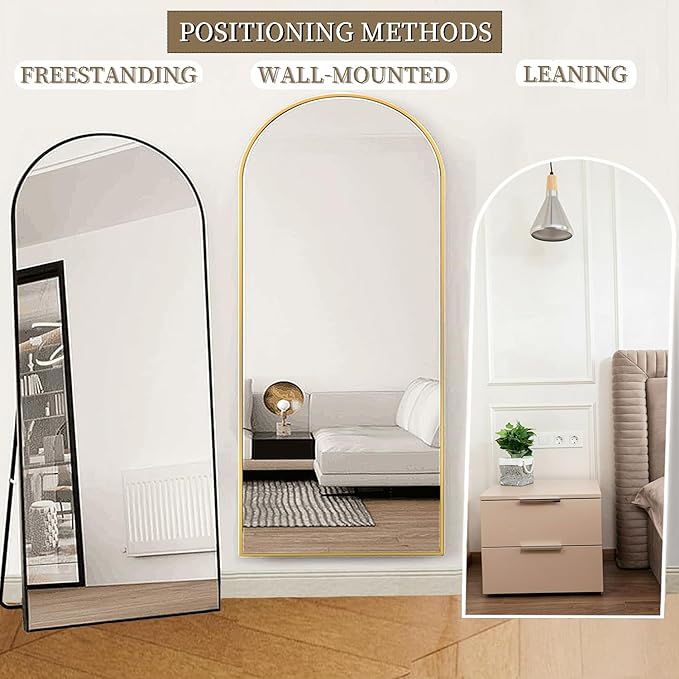 OGCAU Full Length Mirror, 70"x26" Arched Full Body Floor Mirror with Stand, Hanging or Leaning, Standing, Wall Mounted with Aluminum Frame for Bedroom Living Room (Gold)
