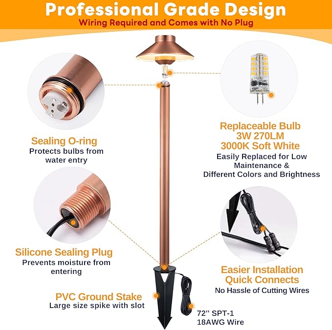 Low Voltage Landscape Lighting Brass, 12v Pathway Lights Waterproof, Hard Wired Path Light Outdoor, Mushroom Copper for Exterior Area Patio House with 3W 270LM 3000K G4 Bulb (6 Pack)