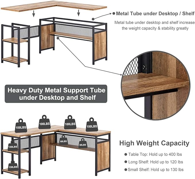 FATORRI L Shaped Computer Desk with Wood Shelves, Industrial Rustic Home Office Corner Desk with Metal Legs (Rustic Oak, 59 Inch)