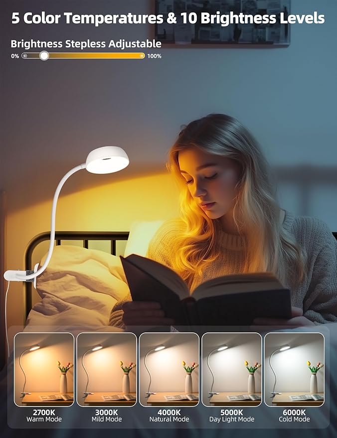 【Clip on Lamp】 10-Level Dimming & 5 Color Modes LED Book Light, Flexible Gooseneck Reading Light for Beds, Desks, Headboards - Eye-Friendly Night Light for Kids/Adults (White)