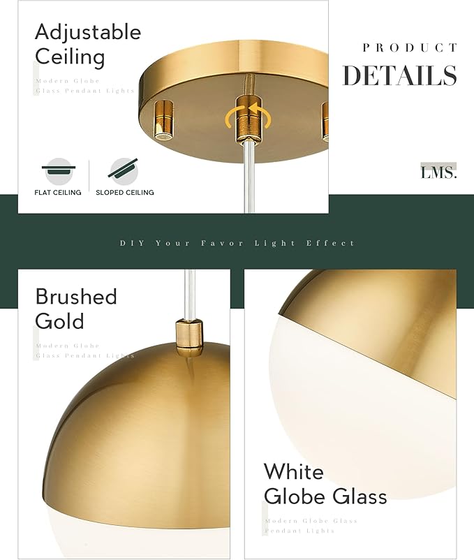 LMS 6-inch Brushed Gold Pendant Light Fixtures, Mid Century Pendant Light Fixtures with White Globe Glass, Adjustable Hanging Cord Ceiling Light Fixtures for Dining Room Bathroom, LMS-186BGS