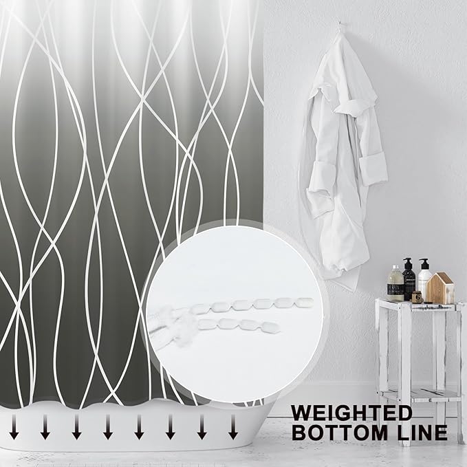 Punkray Ombre Dark Grey Striped Polyester Shower Curtain for Bathroom with Hooks, Shower Curtains for Bathroom, Waterproof Bath Accessories Hotel Style - Machine Washable 72 x 72