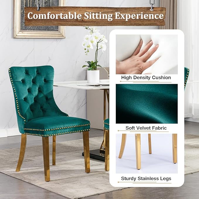 Goujxcy Glass Dining Table Set for 6, Modern Kitchen Table and Chairs Set of 6, 7-Piece Kitchen Dining Room Table Set w/61 Glass Gold Dining Table and 6 Green Velvet Upholstered Chairs