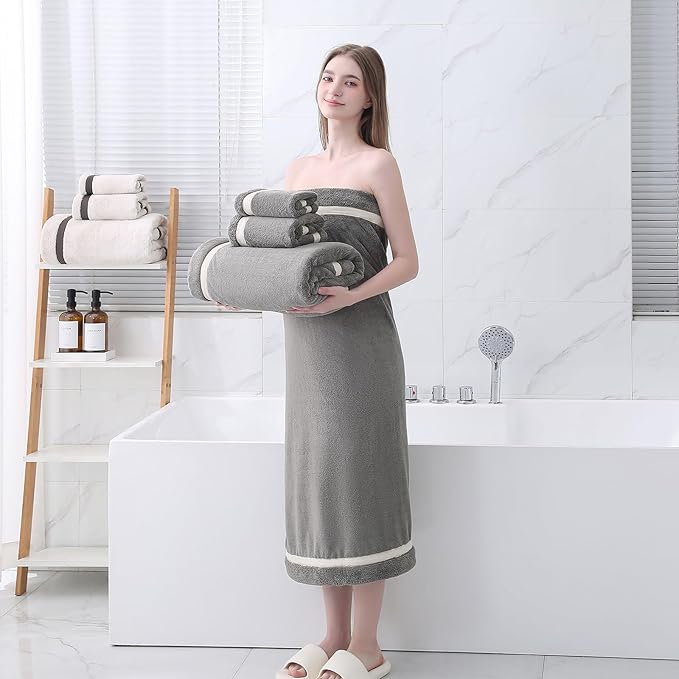 Bath Towel Set，Premium Microfiber Bathroom Towel-2 Extra Large Bath Sheets,2 Hand,2 Washcloths,Super Soft Highly Absorbent Luxury Shower Towels for Bathroom(Dark Grey 6Piece)