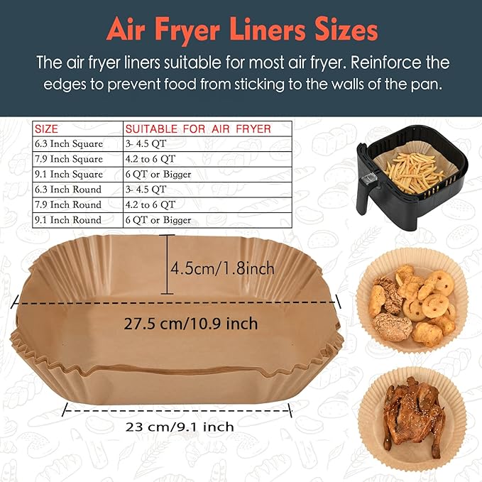 [3-Size] Air Fryer Disposable Paper Liner Compatible with COSORI AirFryer Toaster Oven, Non-stick Air Fryers Parchment Paper Baking Accessories (100Pcs - 9.1 Inch Square, Natural)