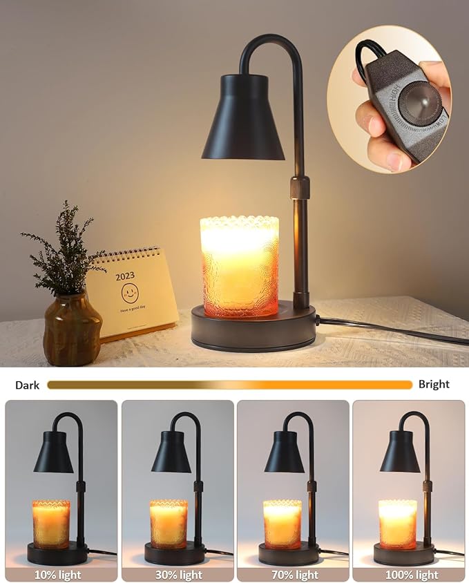 Candle Warmer Lamp with Adjustable Height, Stepless Dimming Function-Home Decor Lamp, Metal Candle Lamp for Jar Candles, No Flame Scented Candle Warmer with 2 Bulbs (Black)