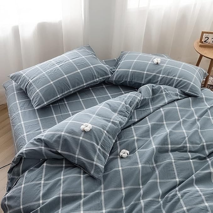 FACE TWO FACE Bedding Duvet Cover Set 3 Pieces 100% Washed Cotton Duvet Cover Linen Like Textured Breathable Durable Soft Comfy (California King, Grey Green Grid)